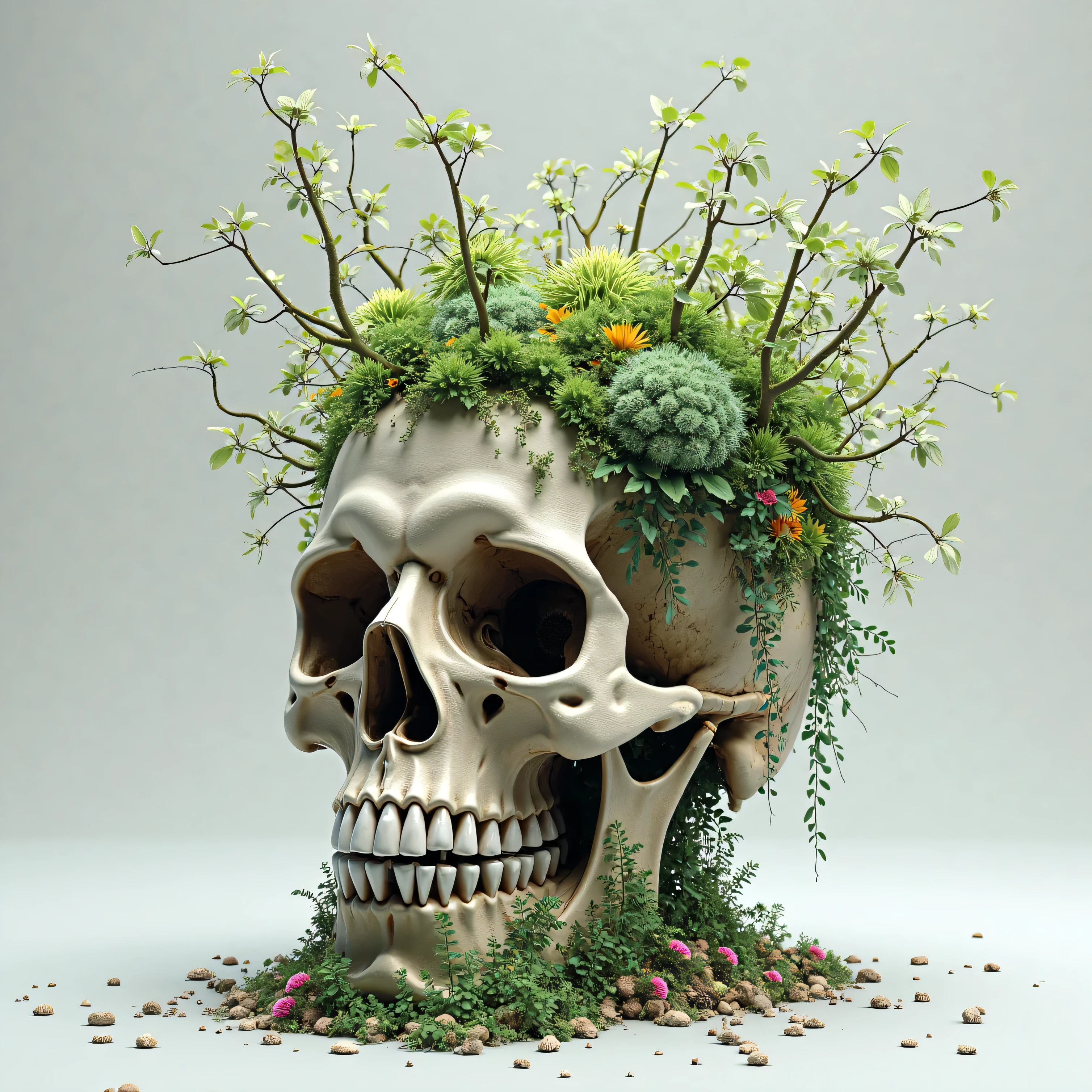 A broken skull with a plant coming out of it