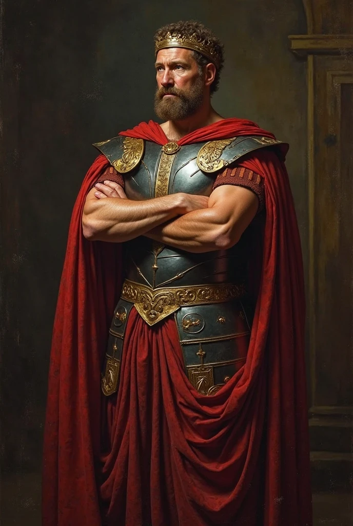 frontface, copper hair man in top hat long beard wearing a string of black red and white beads, very strong mass beefy body wearing black and red silk pants with felt cape with black collar barefoot in florest, thick dick cumming, show cock, Very hairy body