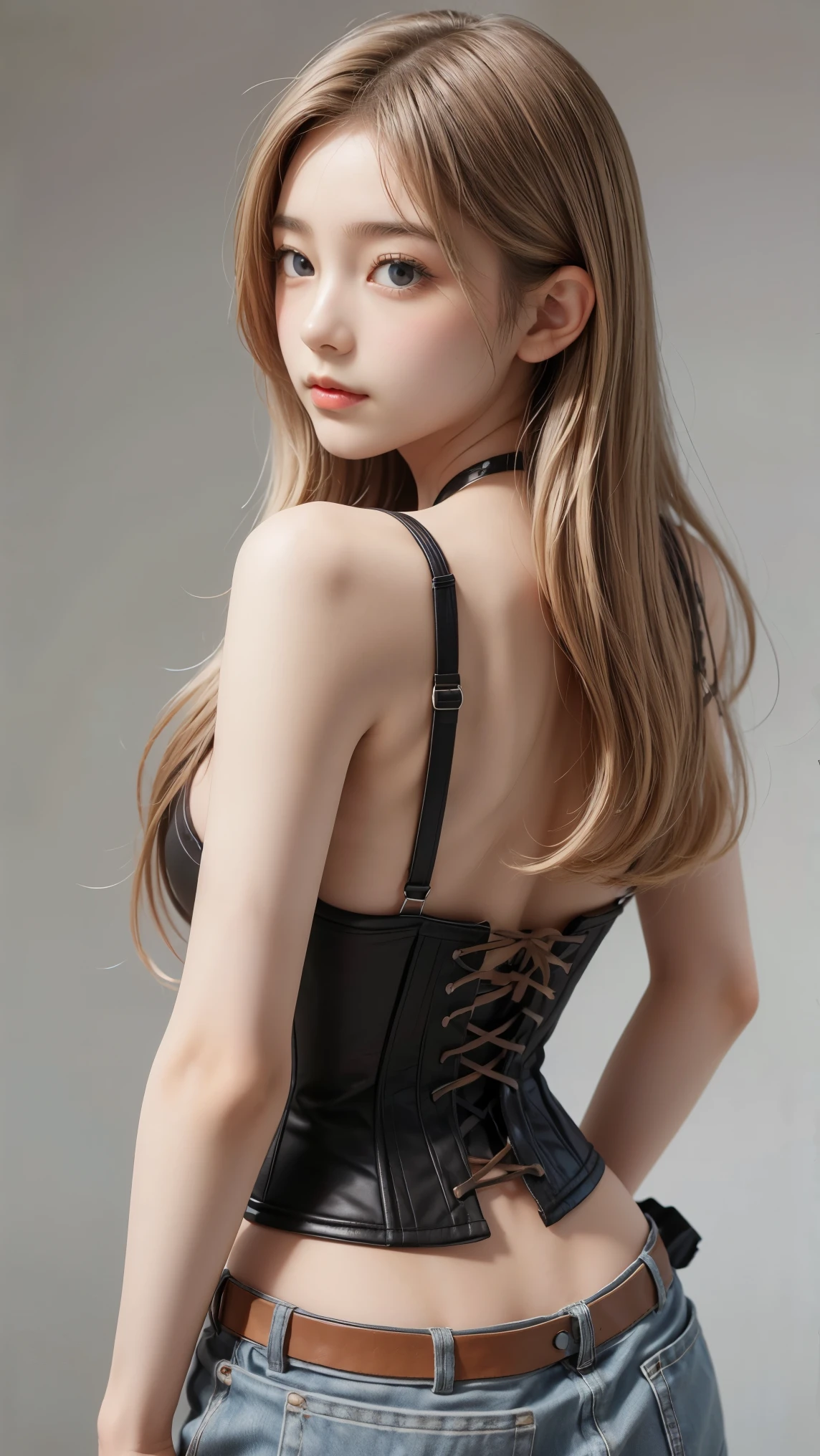 1girl, solo, looking at viewer, blonde long hair, wearing a corset, big ass, brown eyes, upper body, grey background, normal tits, lips, realistic, .