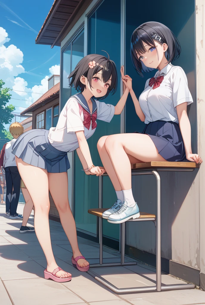 Highest quality, Ultra-high resolution, (Realistic: )2D official style cel animation,((2Girls sitting in a row))Primary school students、brown、ponytail、White Big Ribbon、Glasses、Blue Check Mini Skirt,Summer Shirts,Unbutton、(Lace panties),loose socks,sneakers,Full body portrait,(From below),Station stairs,sunny,Spread your legs、from the front、blush、