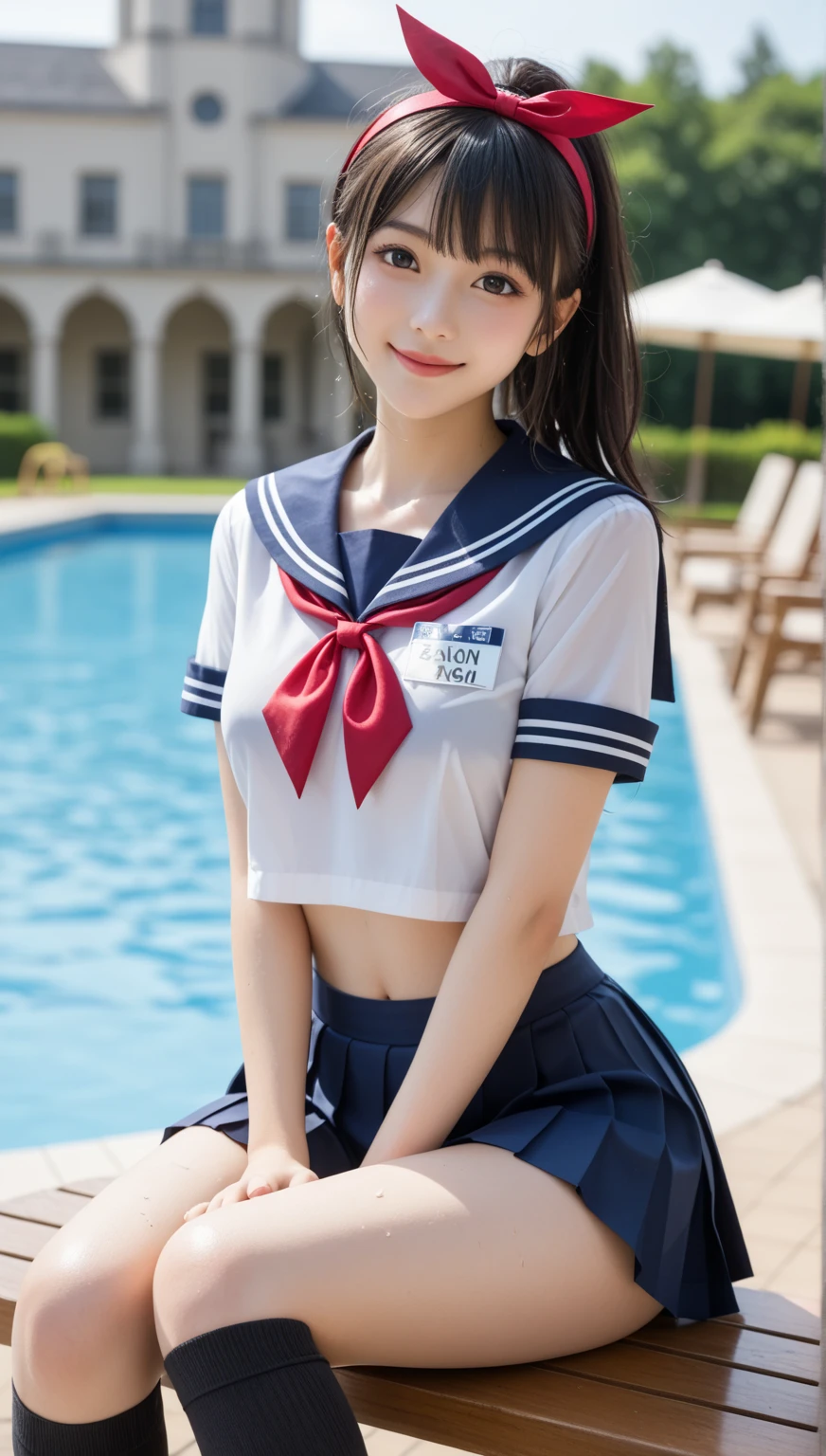 ((top quality, 8k, masterpiece: 1.3)), 1 girl, beauty with slender abs: 1.3, (medium short hair, big: 1.2), sailor suit: 1.1, ultra detailed face, detailed eyes, double eyelids, black pleated skirt, full body, navel