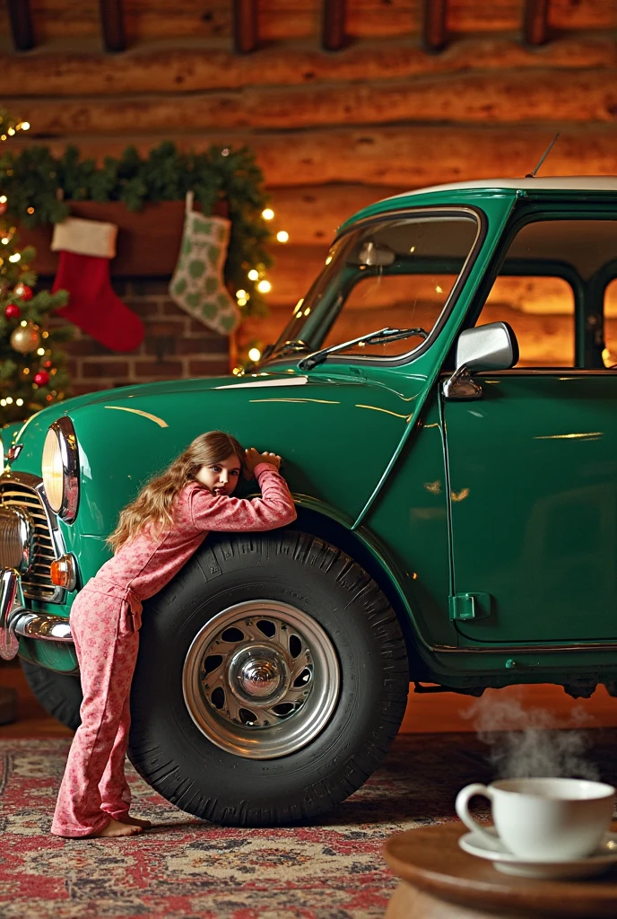 a baby gerl sitting on a toy car next to a christmas tree with lights on it and a small christmas tree in the background, a stock photo, toy, Anna Hotchkis, dada