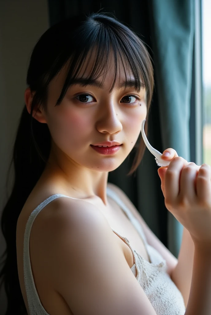 highest quality, Ultra-high resolution, Highly detailed skin, Physically Based Rendering, Look down,(((A Japanese woman in her 20s leans forward on all fours,、Not wearing underwear, Large Breasts, You can even see the nipples, from the front))),(topless),(Beautiful background:1.2), (Cleavage), (Nipples), open chest shirt