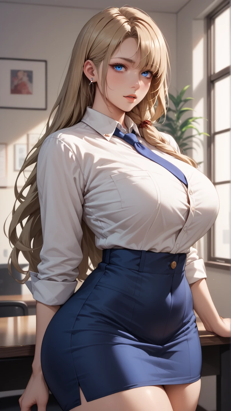 (best quality:1.5, High resolution, Ultra HD, 4K, Detailed lighting, Shaders), (High quality eyes), ( Perfect fingers), Curly hair, Gradient hair, Large Breasts, Set, Grey shirt, Social shirts, Short skirt, Mature woman , (View), White background, Colored eyeshadow, Dramatic Lighting, Bright Eyes, Emotional expression, Gold earrings, Exquisite facial features, soft skin, High cheekbones, city environment, White background, Don't look for the camera, Lean over, Behind the camera, whole body