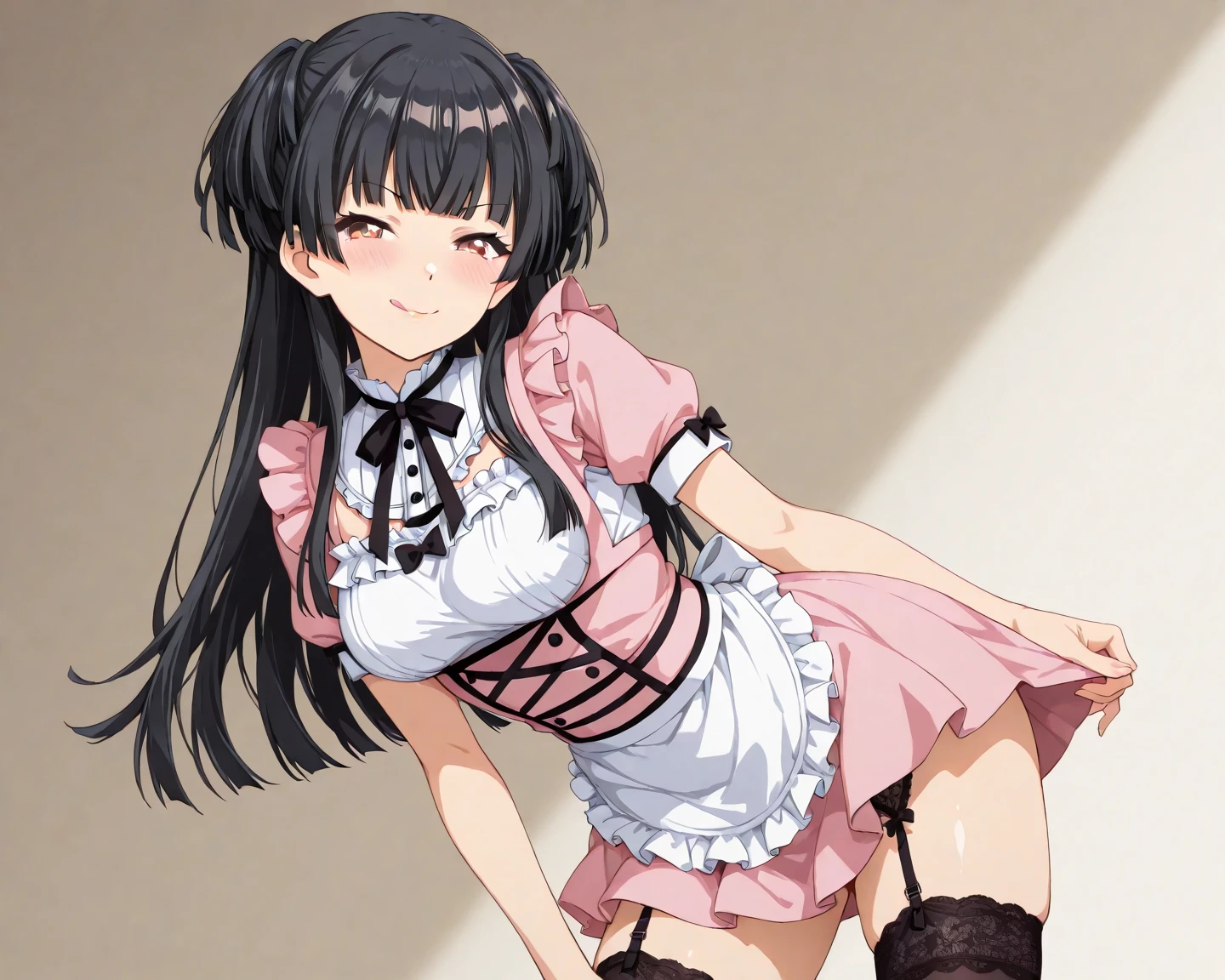 Highest quality、Shiny silk short puff sleeve pink maid outfit、See through、Micro Mini Skirt、too short flared skirt、Giant ribbon knot、Round Collar、garter belt、Pink high heels with ribbon、Katyusha with ribbon、Blushing、Embarrassed look、Big Breasts、White underwear、Hidden、Looking up from below、Soaking wet