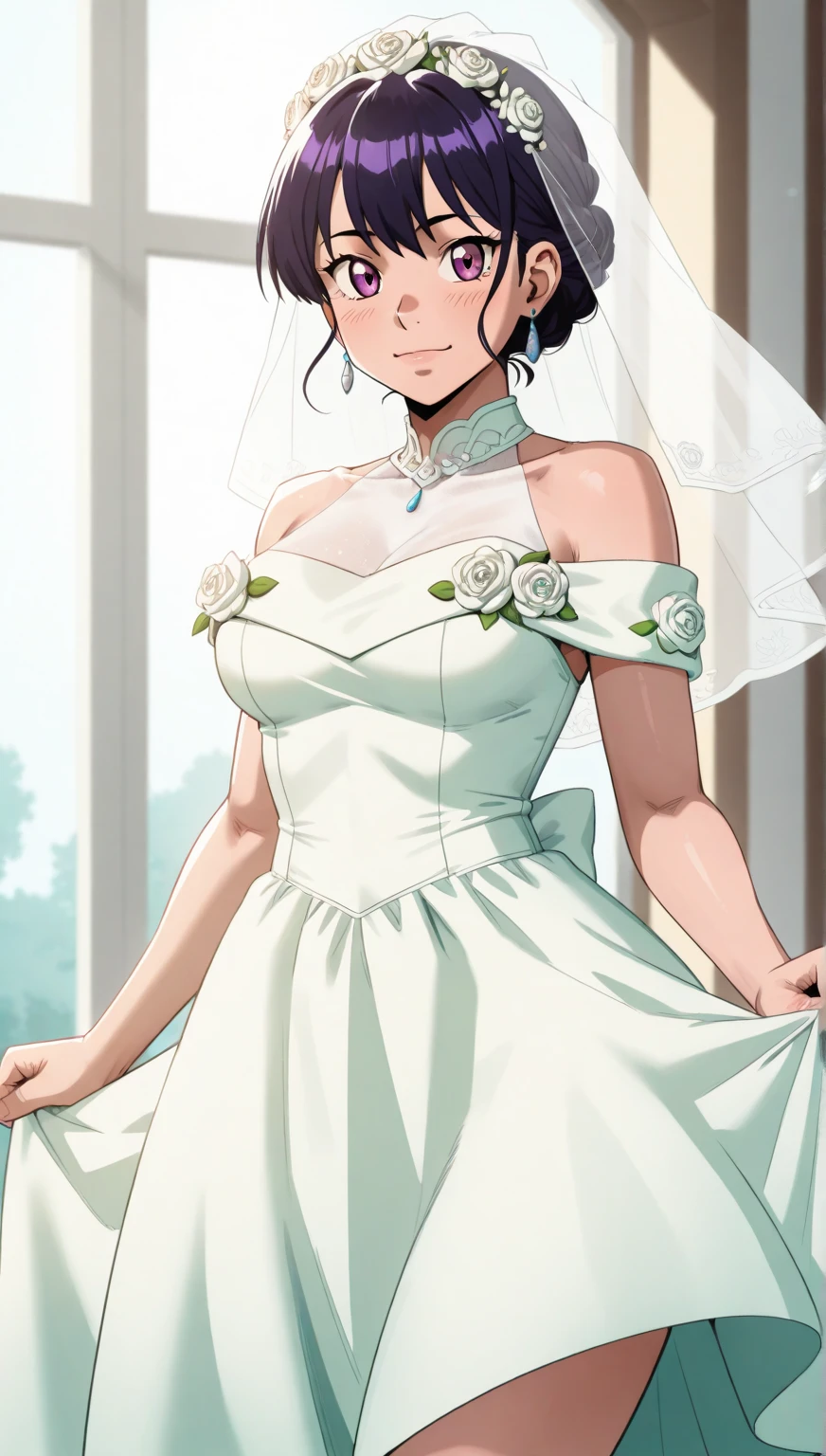 1girl ,princess_daisy, blue eyes ,earrings ,lipstick, eye shadow, makeup, hair between eyes, ahoge, hair ornament, gloves, dress, cleavage, bare shoulders, collarbone, white oprea gloves, white gloves, white dress, strapless, white choker, tiara, veil, strapless dress, wedding dress, bridal veil, beautiful woman, perfect body, perfect breasts, wearing a wedding dress, ball gown, in the park trees, wedding decorations, looking at the viewer, smile, realism, masterpiece, textured skin, super detail, high detail, high quality, best quality, 1080p,