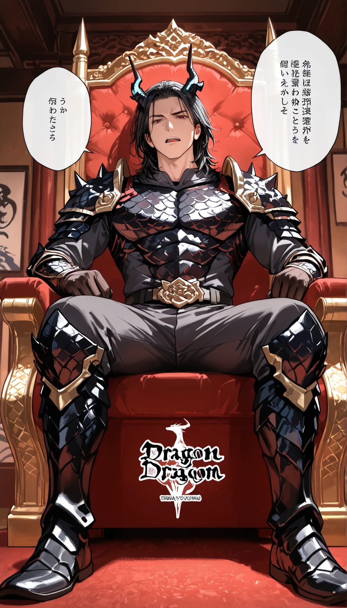 yakuza young boy, sitting on the throne, dragon horn, red chair, talking, medium hair, handsome, black dragon armor suit, dragon boots, background, japanese dragon room, close view