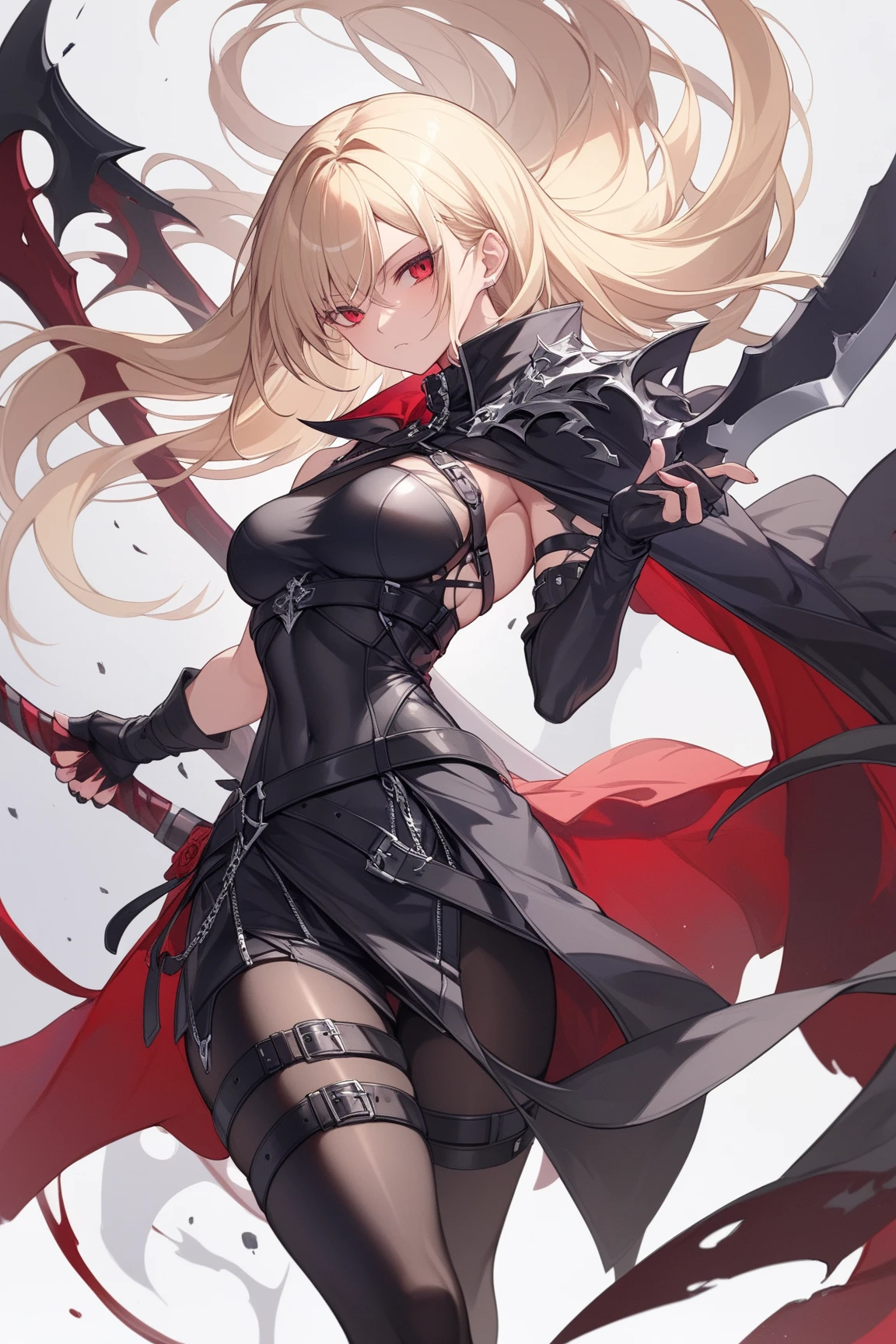 Beautiful images,Detailed Images,Official image,A woman wielding a Japanese sword,Blonde,Red Eyes,Ponytail Hair,Model body type,(Dark Skin:1.3),Elf Ears,Large Breasts,(Black sneak costume,Fishnet tights,Jet Black Cloak:1.3),
