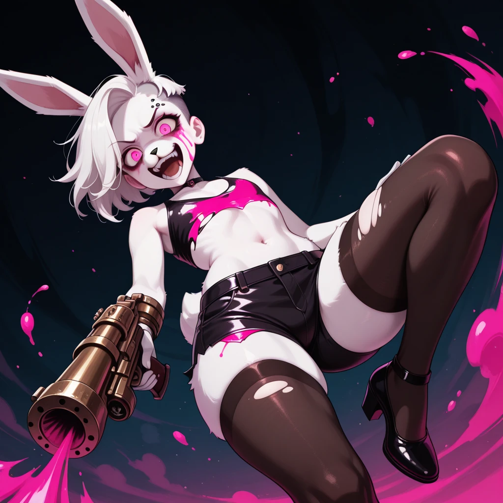 bondage, tied to torture machine, tickling, laughing, hate it, screaming, naked, hands on anothers hips, white hair, rabbit ears, rabbit girl, brown skin