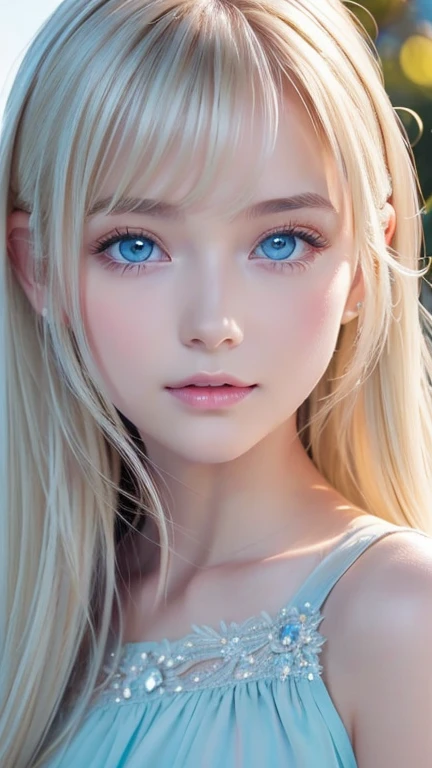 Very beautiful blonde hair、Bright Blue Eyes、Beautiful Girl、1 Nordic beauty、Shiny, super long, straight, silky hair、Beautiful natural platinum blonde、Very bright, large light blue eyes that shine beautifully、Double eyelids、Big eyes、Small Face Beauty、round face、Cheek gloss highlighter、Ample breasts、Very white and shiny skin、Blonde hair color that changes with light、Long bangs obstruct the view、Sexy and very beautiful lovely cute gorgeous face、The most beautiful face in the world、smooth, straight hair、Shining light blue eyes、Beautiful bangs、Beautiful cute girl、disheveled bangs above the eyes,