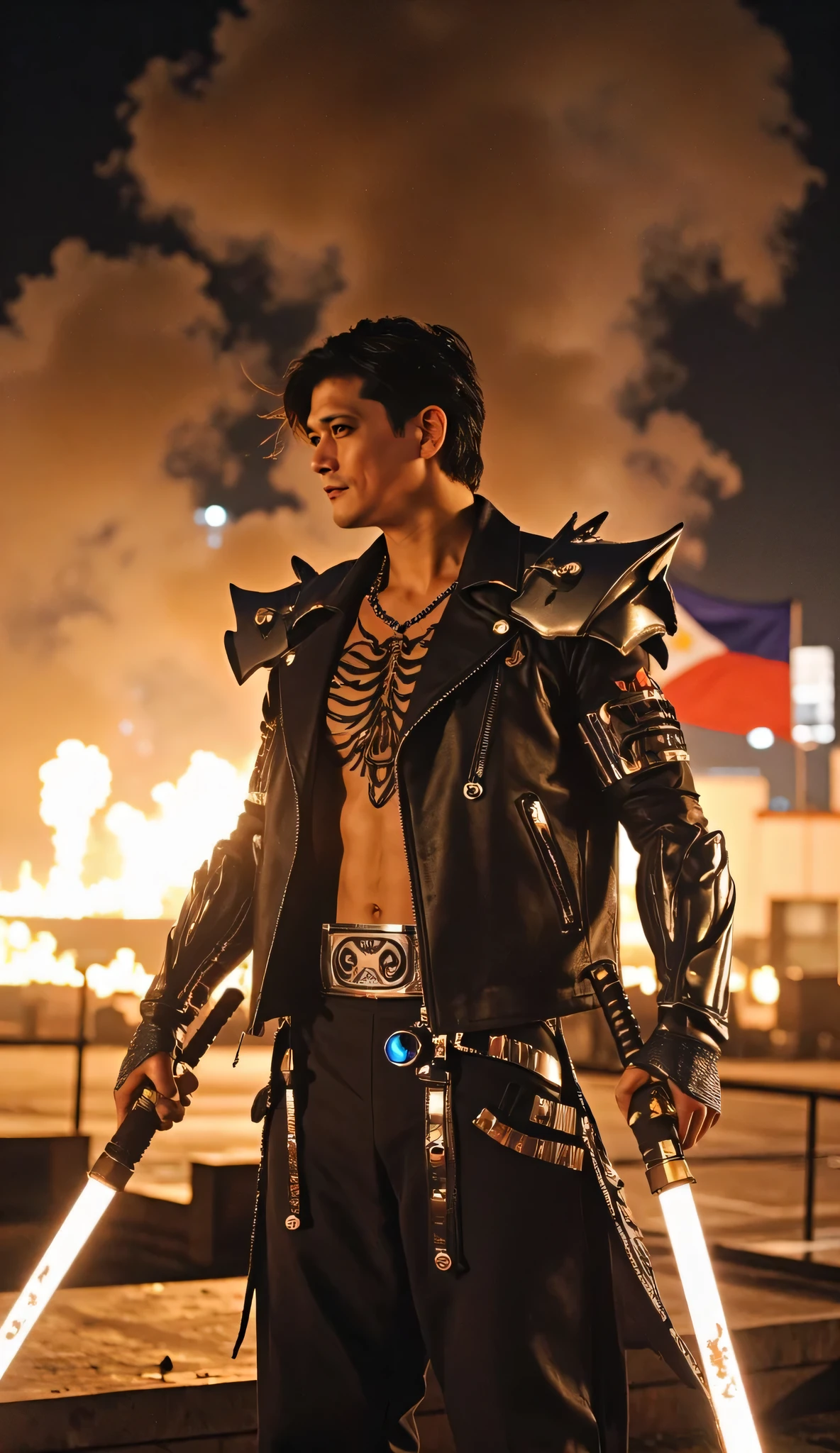 "Actionhero Rex": A colossal dragon-warrior kaiju with the photo-realistic head of Robin Padilla, seamlessly integrated onto a hyper-realistic humanoid dragon body. His body is clad in a battle-worn black leather jacket fused with metallic armor plating, glowing tribal tattoos across his chest and arms. His skin has a subtle reptilian texture under the jacket, with smoke and fire emanating from cracks along his arms. He wields two massive flaming swords, crossed behind his back, and his stance is heroic — chest forward, mid-roar, like a movie star in a final showdown. His real face is intense, bold, and expressive, captured in ultra-realistic detail with wind-blown hair and cinematic lighting. Background: a burning battlefield or rooftop at night, explosions behind him and the Philippine flag waving in the smoke.

Style tags: hyper-realistic, photo-real face, cinematic hero, dragon warrior, action movie poster style, glowing fire effects, ultra-detailed, 8K concept art, charismatic and defiant.
