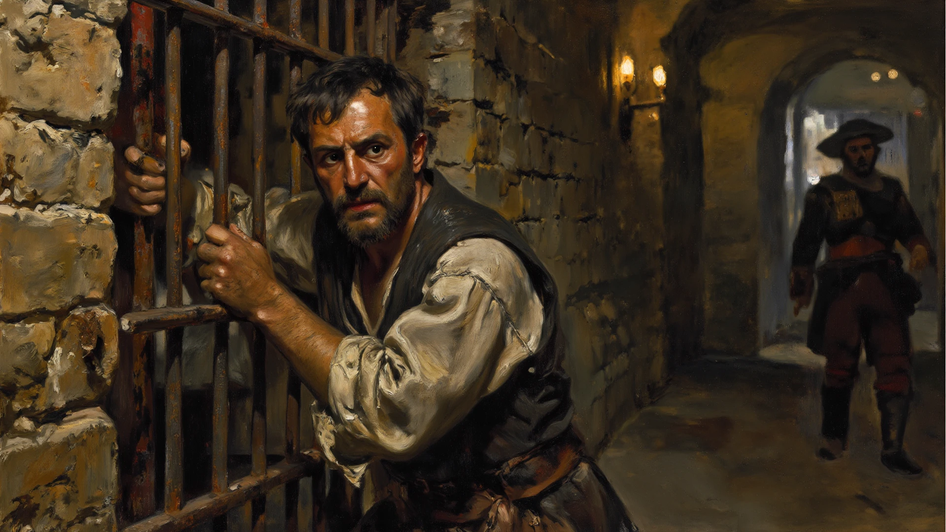 uma pintura de um homem com barba e um manto vermelho, Directed by: Paulo Szinyei Merse, in a prison cell, Directed by: Stefan Luchian, inspirado em Paulo Szinyei Merse, arte Jacek Malczewski, Soviet propaganda painting, shackles in his hands, the the man is wrapped in chains