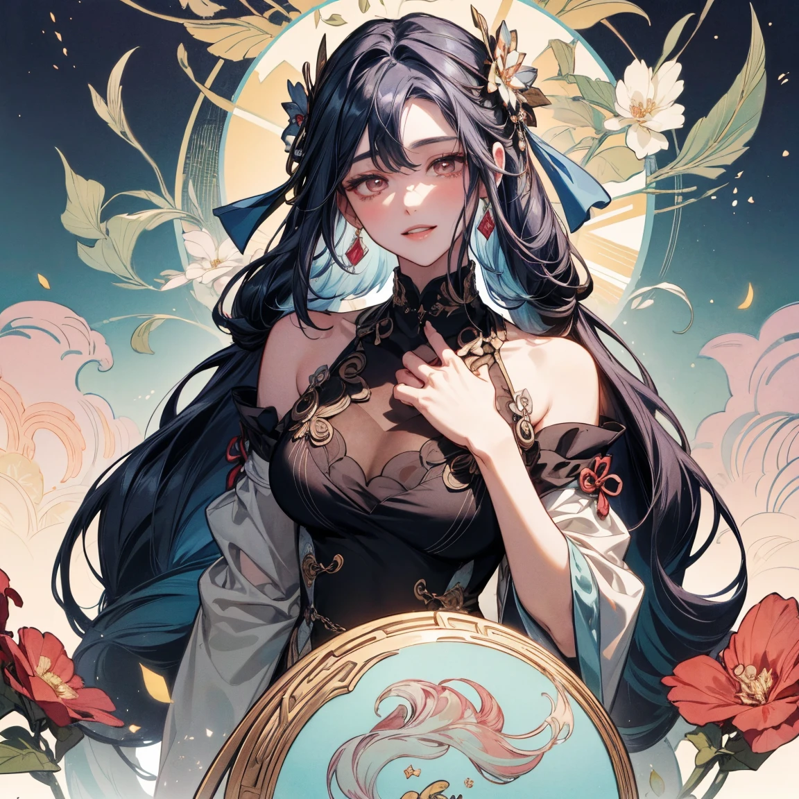 ((tmasterpiece)),high high quality,ultra - detailed,Black color hair+blue attire:1.2,Sweet and delicate girl sitting on a large lotus flower,Hold a flower in your hand,The mandible is rounded,largeeyes,long eyebrow,Lips are full and rosy,Delicate facial features,choker necklace,Yingluo,Head background with round light,There is foam everywhere,Vivid and bright colors,Pearl white background,Romantic long hair,Natural light,Warm and sweet,with brown eye,Pearl hair accessories,Streamers,Gorgeous hair decoration。