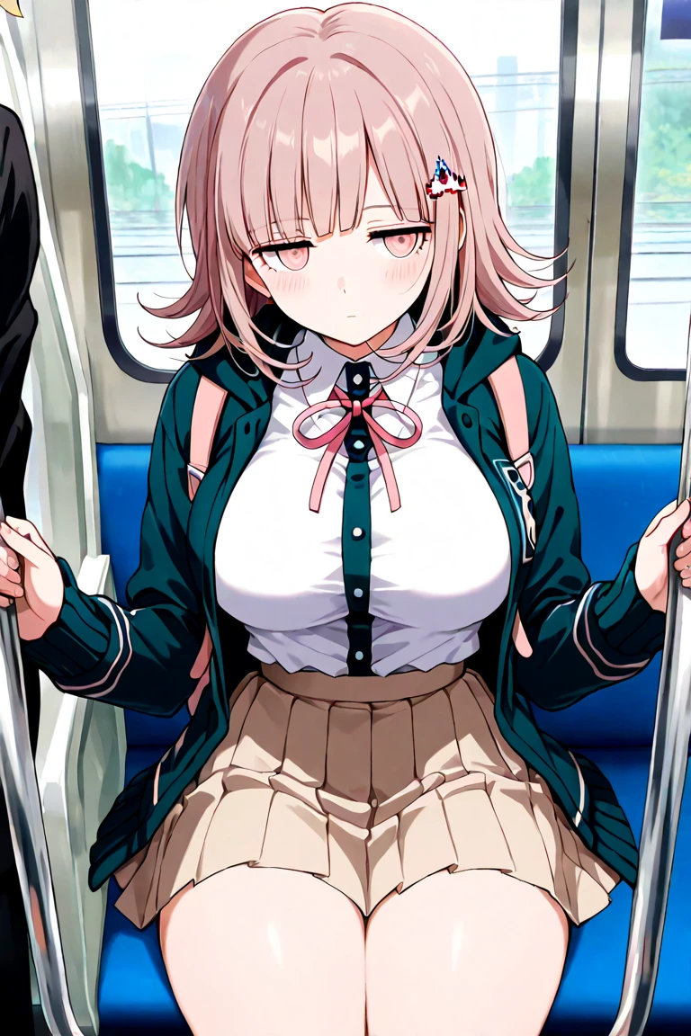 (nsfw),masterpiece,ultra detailed,sharp focus, [ 4 k digital art ]!!,(tanned skin gyaru),hyperrealistic,seductive realistic female,(peace sign),jacket,tube top,(short black skirt),(pubic hair),mature beautiful face,(string-only t-front pink panties),(curvy adult gyaru),light brown short hair,trembling,thick make-up,in heat,orgasm,(crossed eyes),sweaty,standing in crowded train,from below,blushed,