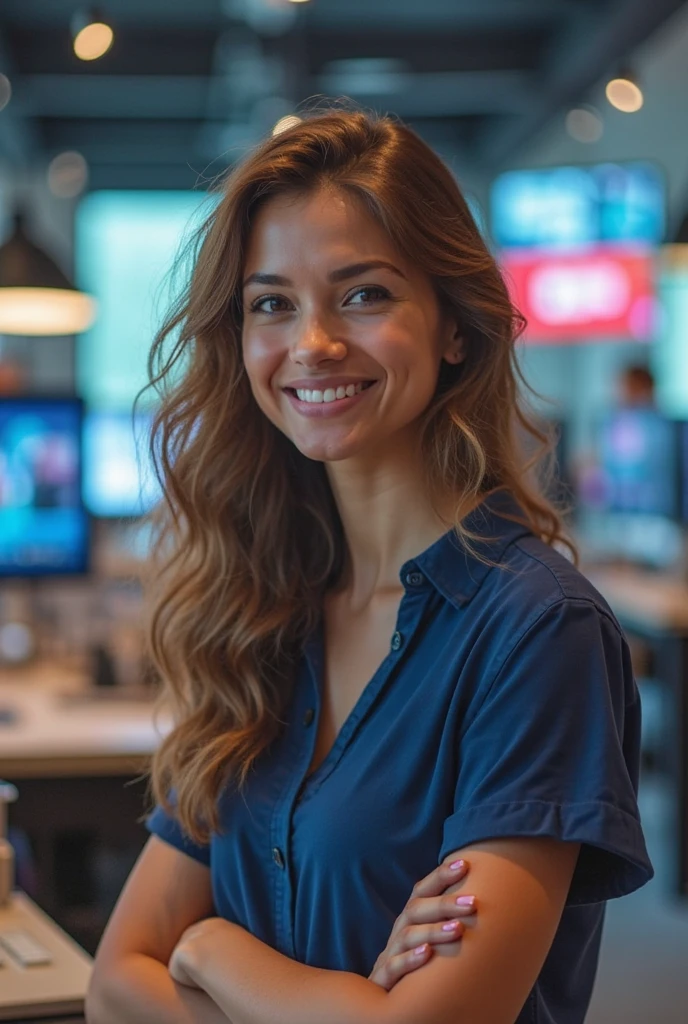 A female social worker having fun in a dark room surrounded by computer screens, poor quality photo, blurry, (smiling:0.5), (soft lighting, high detailed skin:1.1)