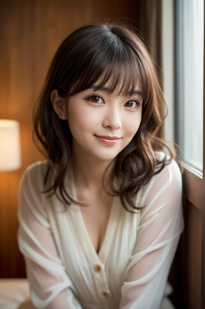 (8k, RAW photo, best quality, masterpiece, ultra detailed, beautiful:1.2), (realistic, photo-realistic:1.5), sharp focus, SIGMA 85mm f/1.4., depth of field, blur background, bokeh, cinematic, soft light, cinematic
extremely cute 1 Japanese actress, 22 years old, detailed pale skin, detailed face, detailed brown eyes, seductive naughty smile, looking at viewer, looking up,(extremely close up, leaning forward: 1.3), short straight black hair, cleavage, lace tops,no panties,bottomless, sexy pose, cozy modern room