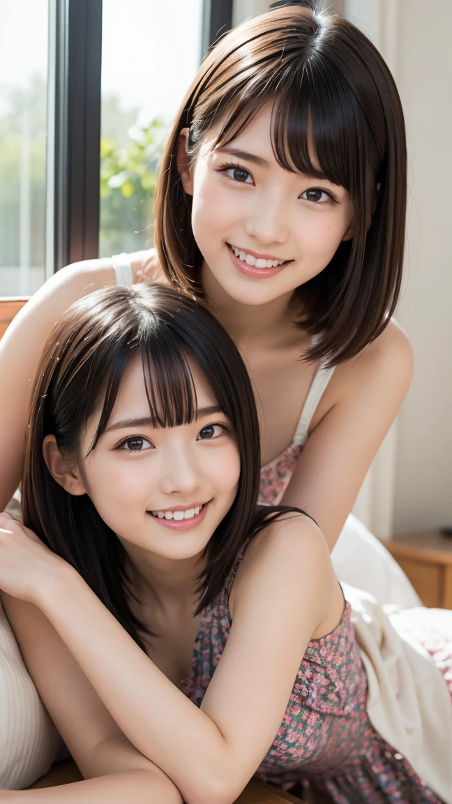2a person、lying on the bed2Man Woman、Woman hugging each other in underwear、(Deep kissing)、looking each other、Expression of pleasure、top-quality、8K、profetional lighting、Pretty Woman、Precision Hair、Beautiful and delicate skin、Shiny skin、no-makeup、A slender、light skinned、tiny chest、Shorthair、Yellow underwear on top and bottom、Lace sheer underwear、Small underwear、细致背景、Bedrooms、Lying in bed and making love to each other