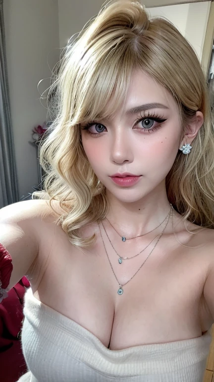 ((Best quality, 8k, Masterpiece :1.3)), 1girl, Pretty woman with slender abs :1.3, (Medium-short hair, Huge breasts :1.2), Ultra-detailed face, Detailed eyes, Double eyelid,Blonde Hair,Beach,bandeau bikini,Droopy Eyes