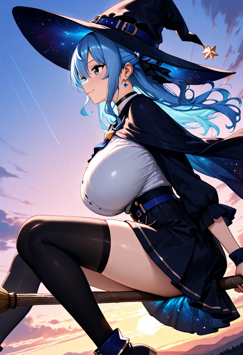 4K,High resolution,One Woman,Light blue hair,long hair,Braid,Big Breasts,witch,White high leg leotard,White boots,White gloves,Black tights,White witch hat,Jewelry decoration,Magic wand,Medieval village,Sunrise background