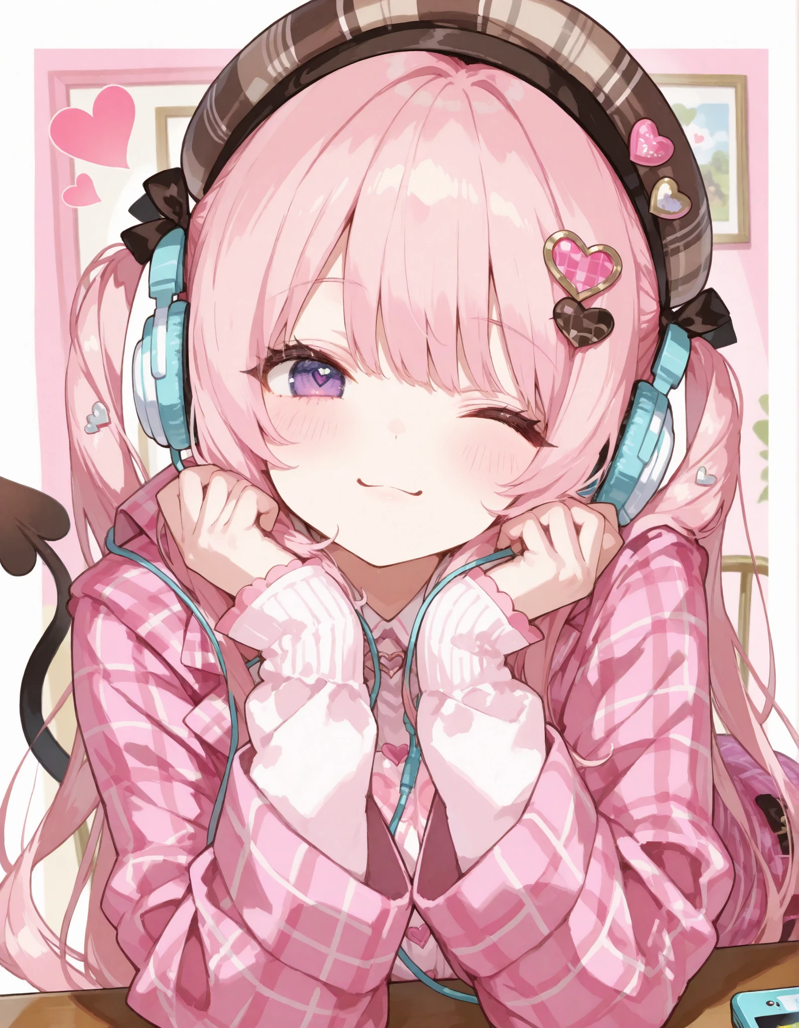 masterpiece、twin tail、heart shape hair ornament、wear a cap, plaid coat、((headphone)), wink and smile、Focus on the face, cute girly room