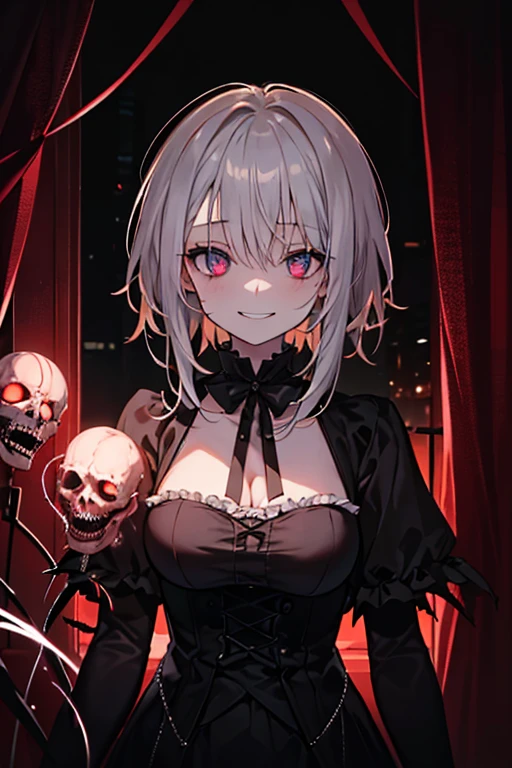 masterpiece, Highest quality, High resolution, male, short hair, Hello, Red eyes, Large Breasts, Cleavage, Epaulettes, White gloves, - Elbow hand pockets, Purple Skirt, Knee socks, Cowboy Shot, Are standing, Place your arms at your sides, straight, street,Two legs,Five Fingers,Evil background,Elbow fullgloves,shiny latex,evil grin, Debish Aura (Shiny fabric:1.5),Dark world background,solo,Decorated with skulls. background, A mountain of skulls beneath ,Two hands,