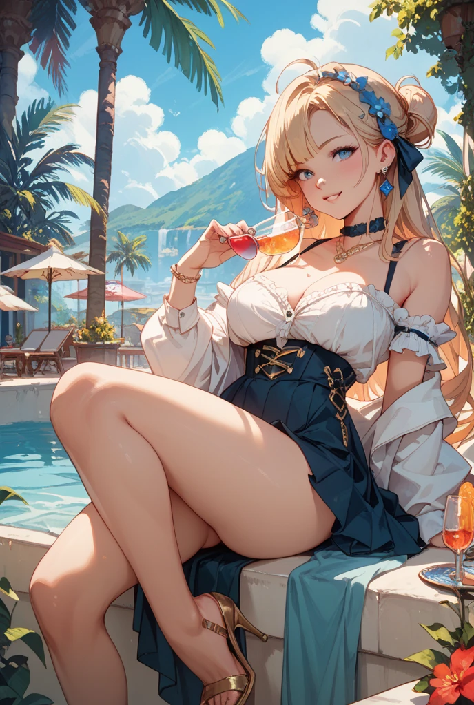 (realistic:1.5),1 girl,bianca,huge breasts, stockings ,4K ,8K, perfact face,blushing, blu eyes,red glasses, Crepuscular, sea, bright sun,sandals,beach,visor,corset,sea turtle,walking ,hair band,(wet skin), leaves, cloudy , big sun ,beach bar,