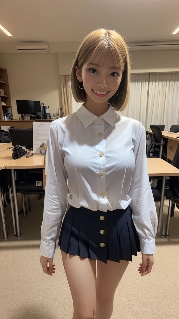 Realistic, masterpiece, Highest quality, Highest Resolution, Japanese , , Full body photo, (Sharp eyes, Squint your eyes, Grin, Embarrassing, Open your mouth, Lift your chin, Hunchback), Beautiful and detailed eye drawing, (Droopy eyes:1.1), iris, Thin eyebrows, Draw eyelashes carefully, (Hidden eyelid wrinkles:1.3), Gal Makeup, (Blonde wavy hair, short hair, 7:3. Farewell:1.3),Wearing a white short-sleeved button-up shirt, She wears a short, gray, Checkered Pleated Skirt., (Thick thighs:1.2), (Sit with your legs spread on the desk:1.3), School classroom, Get on all fours on the bed,