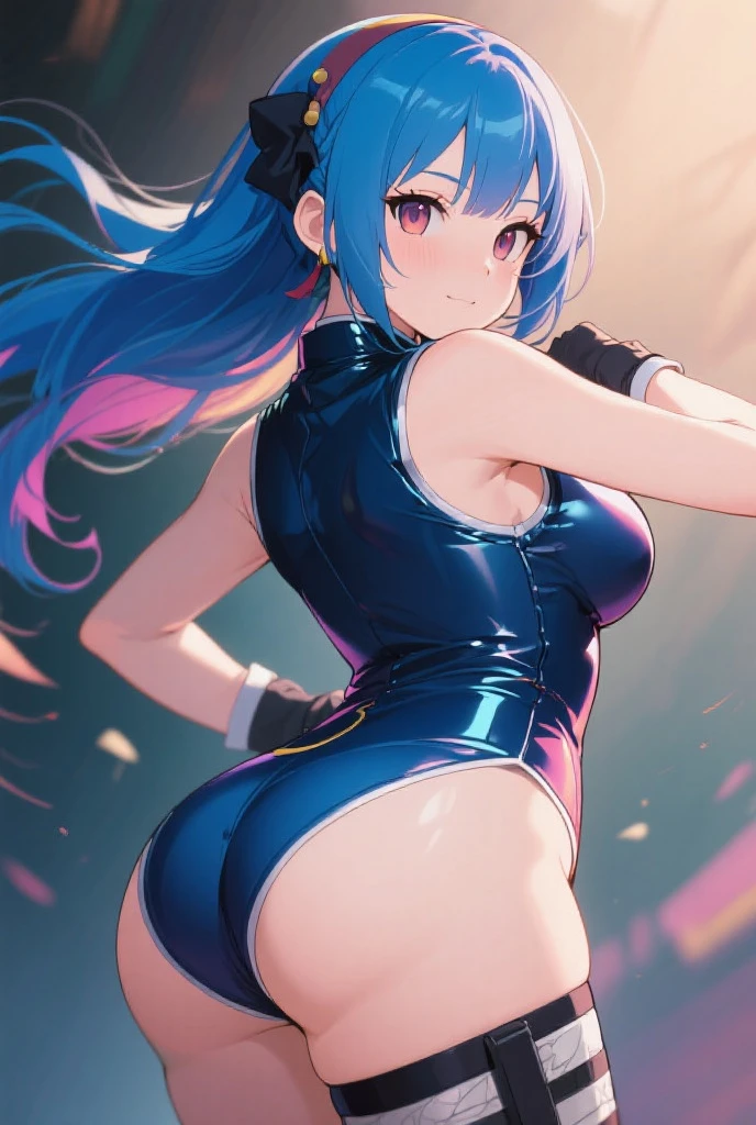 highquality illustration, masterpiece, very delicate and beautiful, attractive girl, ganyu \(genshin impact\), Purple eyes, long hair, light blue hair that ends in shades of darker blue, long ponytail, Brownish horns with red engravings, turn backwards, (gymnastics leotard,long sleeve leotard with glittery decoration,high_leg leotard,athletic leotard,tight-fit leotard,iridescent gradient leotard,long sleeve leotard),thin,slim,high school,gymnasium background,gymnastics club,gymnastics athlete,princess, beautiful eyes,light smile,(masterpiece, best quality:1.2), highres, extremely detailed CG unity 8k wallpaper, perfect lighting, Colourful, ultra-high res,4K,ultra-detailed, photography, 8K, HDR,cowboy shot,