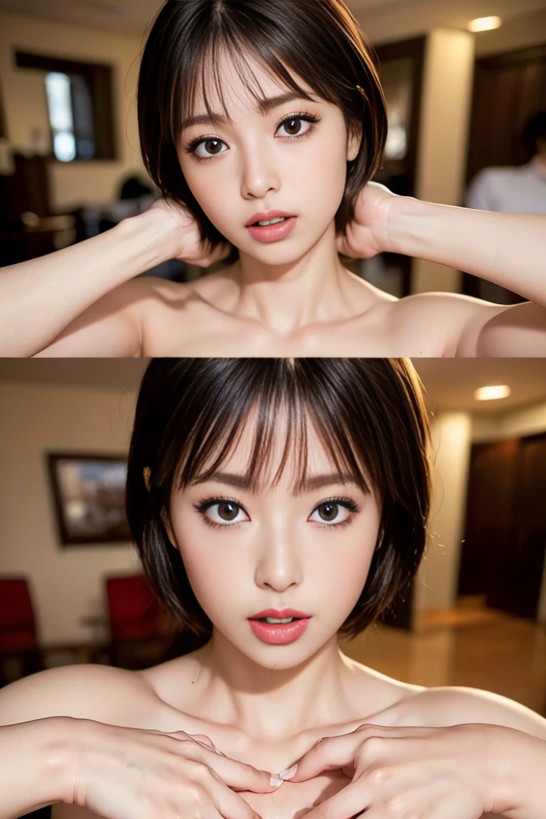 ((Facial expressions that convey sexual climax well:1.5))、View your viewers,Leaning forward,(Cute clothes),(Large Breasts),(Short Bob),(Best image quality, (8k), Ultra-realistic, 最high quality, high quality, High resolution, high qualityの質感, Attention to detail, Beautiful details, Finer details, Highly detailed CG, Detailed Texture, Realistic facial expressions, masterpiece, in front)、Micro Bikini
