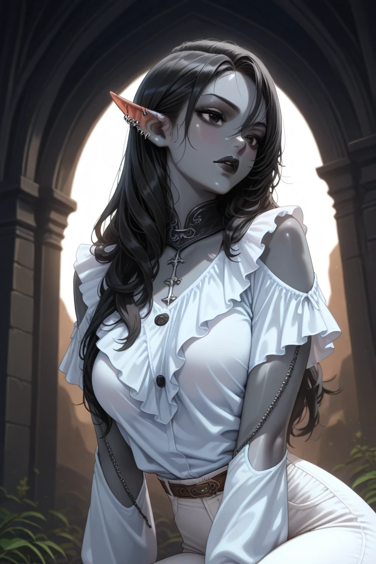 a European girl, long wavy black hair, brown eyes, beautiful tattoos, goth girl aesthetic, dark, slender curvy body, naked