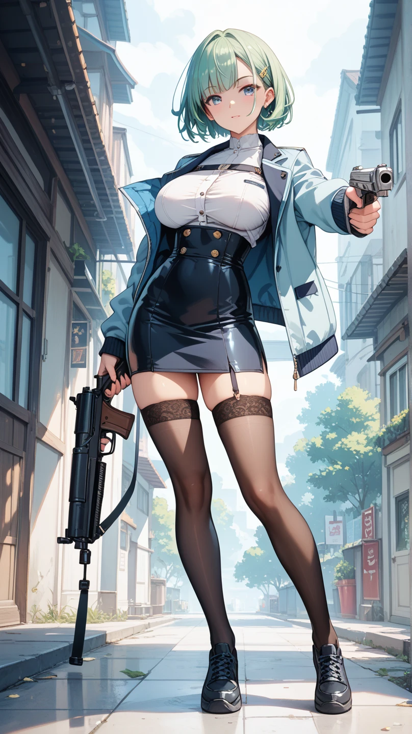 girl,big breasts,Bikini Tops,hot pants,gloves,smile,boots,Knee-high socks,full body Shot,hand pistol,