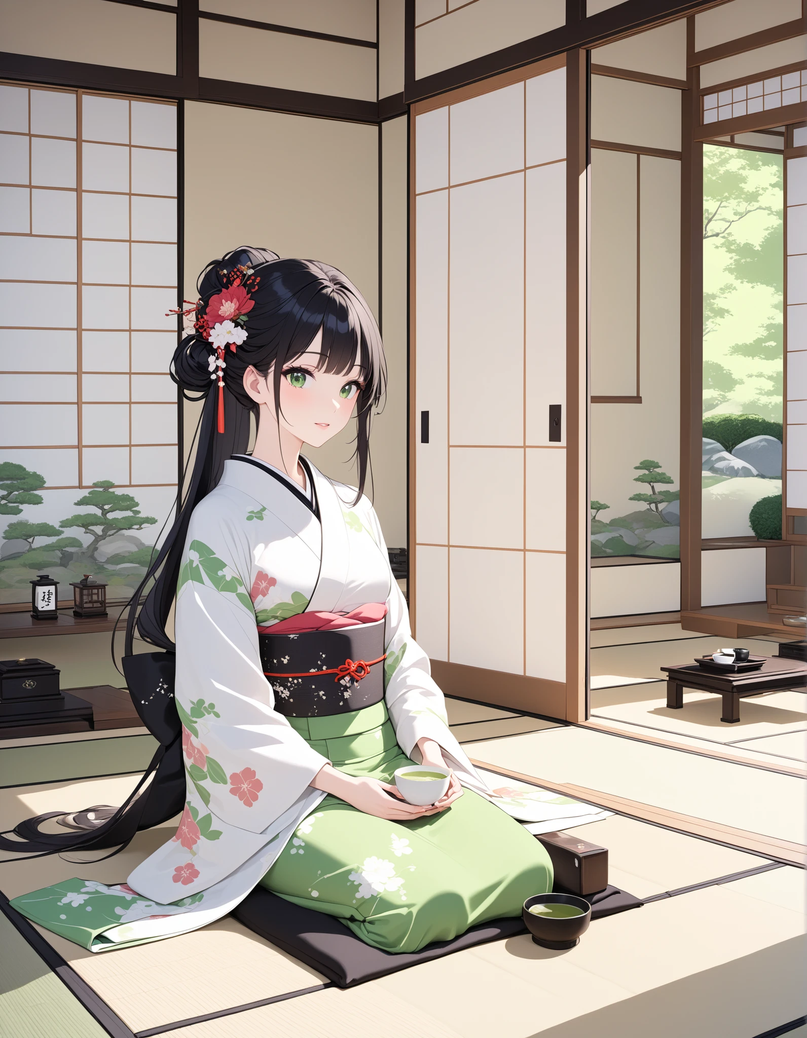 A graceful Japanese woman in an elegant, colorful kimono sits formally in seiza position in a traditional tatami room. She gently holds a cup of green tea, savoring its aroma with a calm expression. Her long black hair is styled with a delicate kanzashi hair ornament. Beside her, a single-flower vase (ichirin-zashi) sits quietly on the tatami, adding subtle elegance. The sliding shoji doors are partially open, revealing a beautifully maintained Japanese garden outside with lush greenery, stones, and manicured shrubs. Soft natural light enters the room, enhancing the serene and peaceful atmosphere. The kimono details and minimalist tea set are finely depicted.