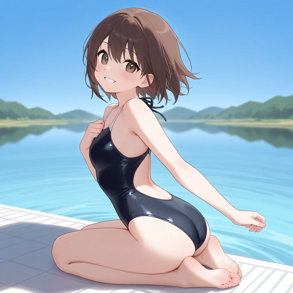 Brown hair, purple eyes, short hair, one piece swimsuit, gold swimsuit, yellow swimsuit, short, woman, outside, beach, cheery, warm smile, small breasts, glasses, laying down, on stomach, butt, golden attire, yellow attire