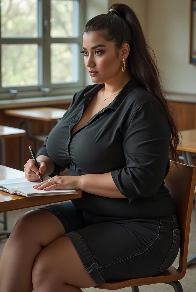 Full body, best quality, masterpiece, blouse sweetheart neckline, silk stockings, gray skater skirt, high heels, glasses, curvy body, hair tied, sitting on a bench, picking up a coin, Pleading Face, a ball on the ground, chopped take

