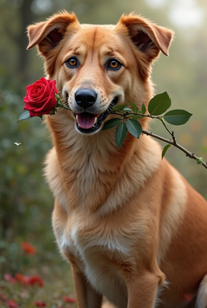 An egoistic dog barking on dark red smiling rose 