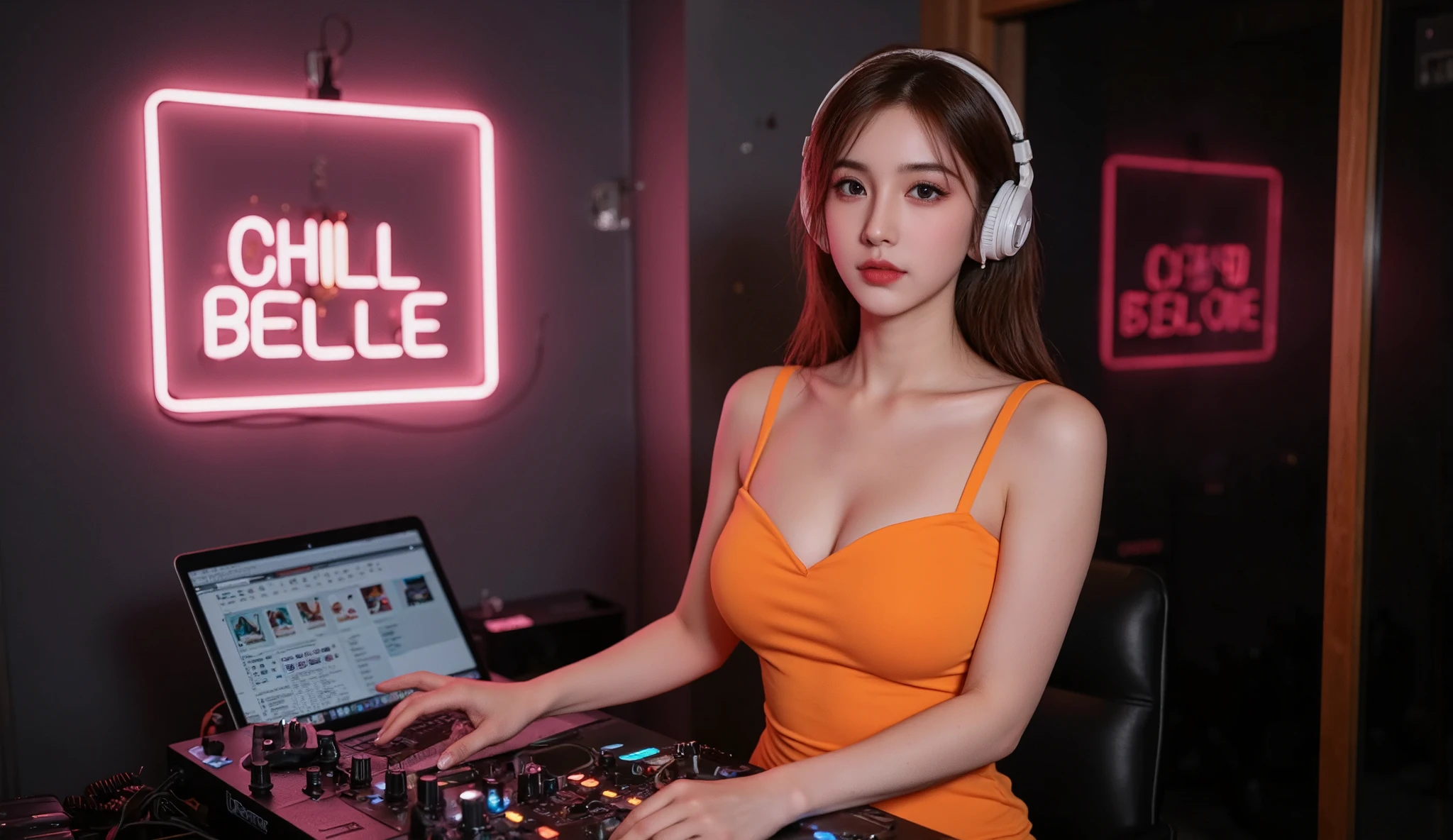 "A Chinese girl with long, straight black hair, 170 cm tall, 45 kg, medium-sized breasts, in a modern recording studio. She has a masterpiece-quality, realistic, and photo-realistic appearance with ultra-detailed features, 8k contrast, and SLR camera quality. She is wearing a white top with an open belly and jeans. She is standing in full length, singing into a microphone that is mounted on a microphone stand. Her shy, inexpressive expression is directed towards the viewer. Her detailed face features include glossy lips, beautiful gentle eyes, and a perfectly proportioned body with detailed fingers. The recording studio is high-tech with soundproof walls, acoustic panels, large studio monitors, a mixing console with faders, knobs, and screens, and a high-quality microphone on a boom stand. The studio also includes headphones, pop filters, additional acoustic treatment panels, a comfortable chair or stool, outboard gear like preamps and compressors on racks, and a computer workstation with dual monitors displaying audio editing software. The scene is illuminated with dynamic, cinematic lighting, and the background is detailed and realistic, with glossy textures and the best shadowing."