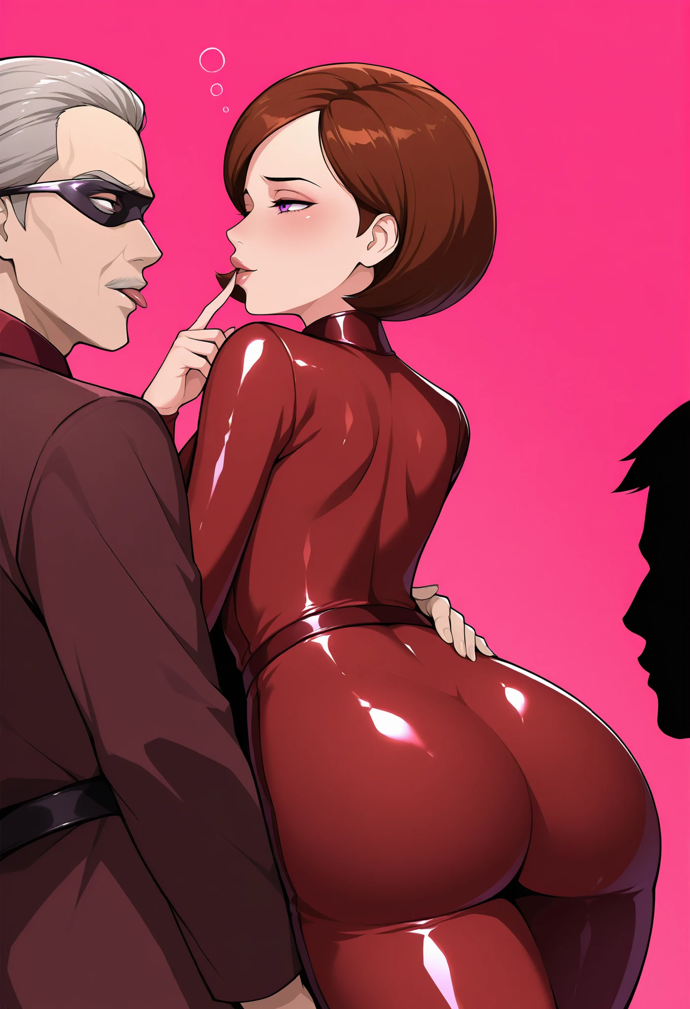 Helen Parr. Brown hair. Curved back hair. Latex eye mask. Sleepy eyes. Purple eyes. Kissing lips. Tongue out. Latex costume. Glossy. Transparent brown costume. Beautiful back line. Butt. Turning around. Finger on mouth. Pink room. Netorare situation. Cuddling man. Black silhouette of a man.