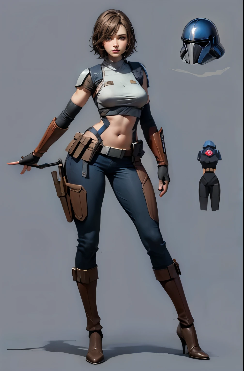 star wars world ,female mandalorian, full body composition, slender beauty ,holding helmet in right hand, , ,Slimming, slender, gentle eyes, flows from my crotch