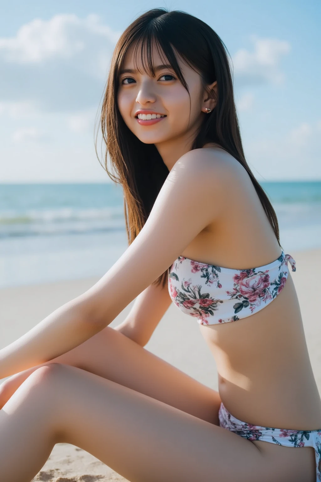 table top, (highest quality), 23 years old,Super detailed, finely, High resolution, (8K), ((Perfect side view composition)), natural color lip,(ponytail:1.3),(A girl is sitting with her legs closed),(barefoot on the sand:1.3),(tropical print bikini),(full body:1.3),((side shot:1.2)),((Side view:1.2)),(Enjoying the sunset),((Pose with your arms raised above your head)),(Please look back and smile),((big breasts)),((big ass)),