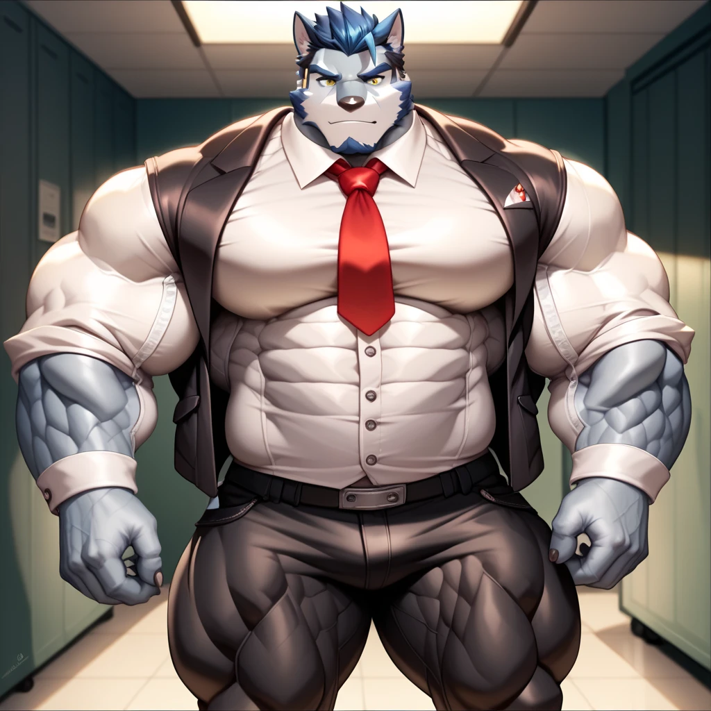 ((best quality)), ((masterpiece)), (Ultra detailed), ((4k)) , Solo , Anthro Wolf , Light Blue Fur , Black Short Hair , Beard , Handsone , Middle Ages , Muscle Big Pecs , Fat , Headphone , Tuxedo , Black Jean , Smirk , Stand Alone , huge bulge