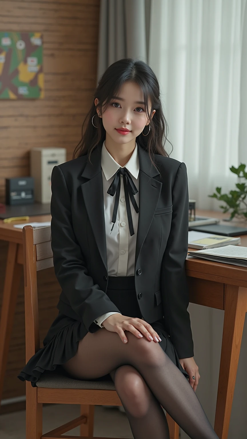 One Girl, alone, pantyhose, Brown Hair, squat, Brown eyes, skirt, View your viewers, ペンシルskirt, OL, Jacket, indoor, Long Hair, shirt, bangs, 黒いJacket, blush, 白のshirt, 黒いskirt, Hair between the eyes, Long sleeve, put your hand on your face, Lips parted, Small breasts, Brown pantyhose, suit, Large Breasts, Cleavage, formal, smile, Black pantyhose, Open your mouth, Put your hand on your cheek, Beautiful girl ,In 8K, Ultra-high resolution,RAW Photos, (Tabletop:1.2), (Highest quality:1.2), Realistic, Photorealistic, Sharp focus,Professional、Nogizaka Idol、Korean Idol、Gravure idol pose、、Age 25、expensive, Glamour、side、