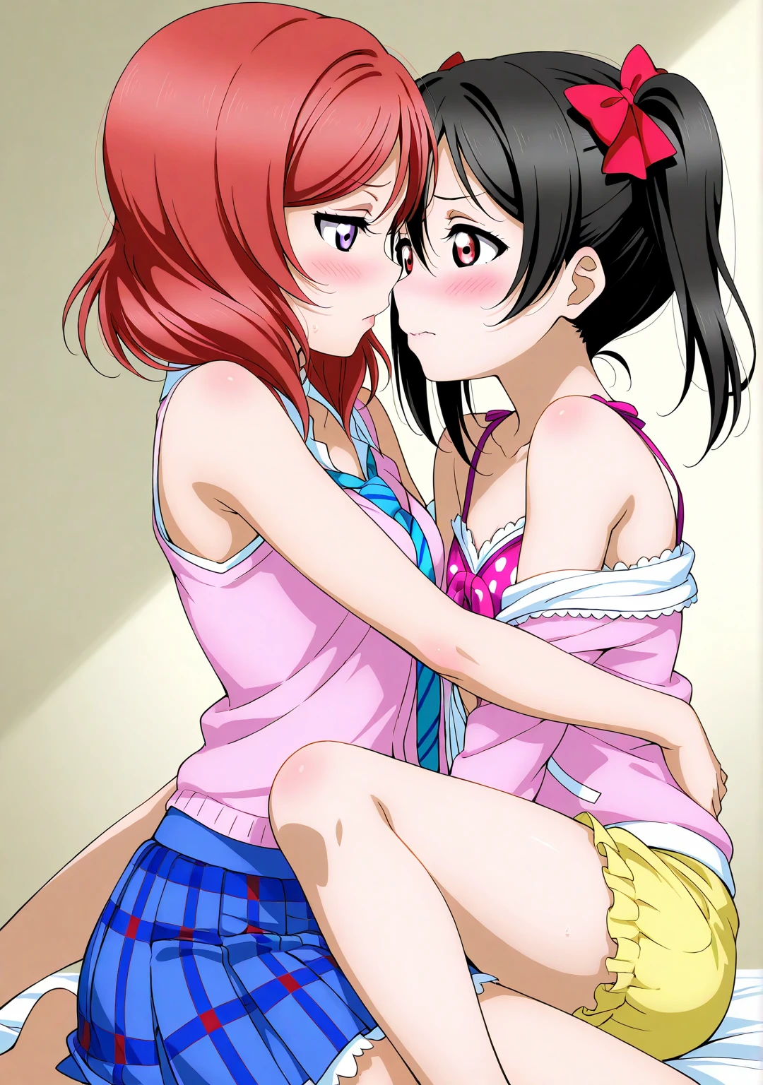 2 girls , bed,Yukinoshita Yukino , Yuigahama Yui , kiss , school uniform,check skirt,the skirt is rolled up,blue panties ,pink panties,