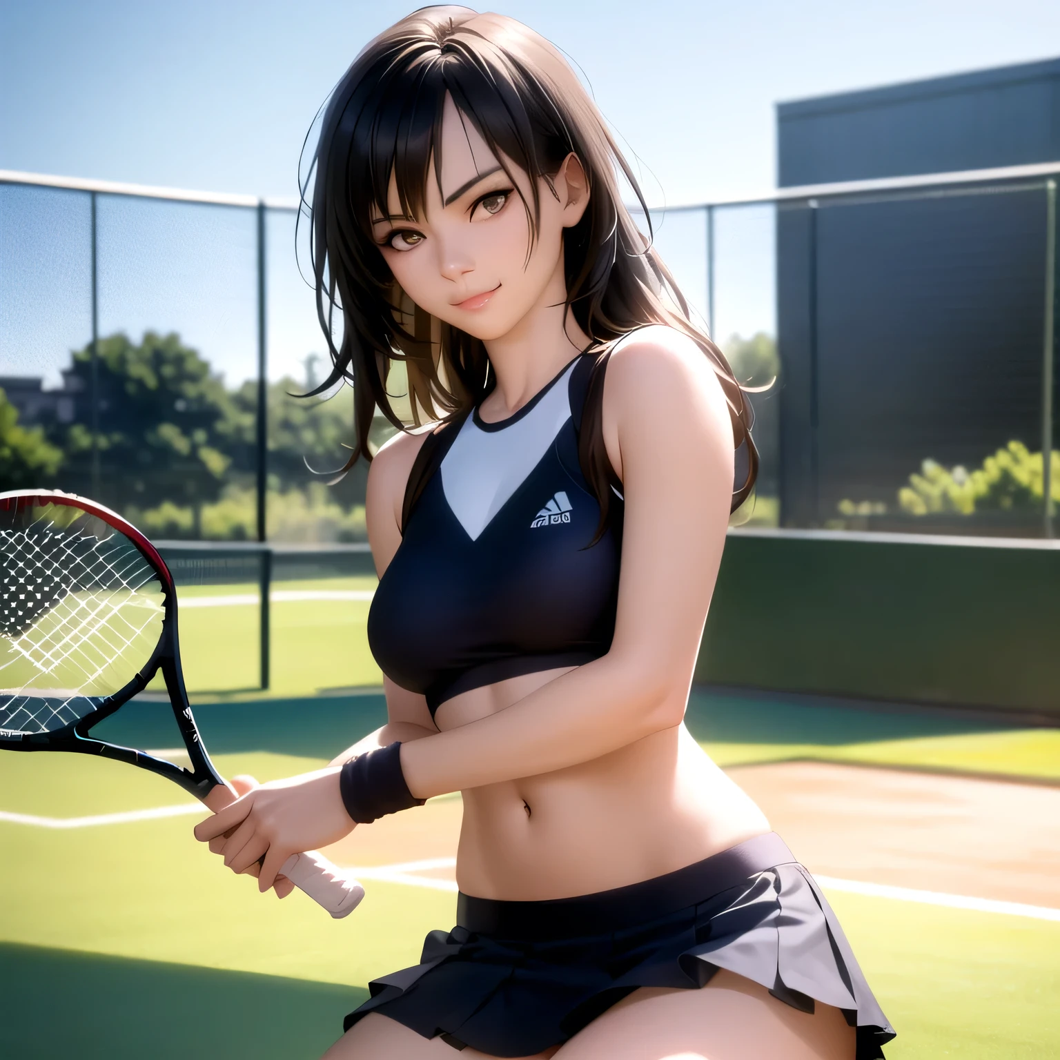 A young female tennis player in a sleek blue outfit stands ready, gripping her racket with both hands in a poised stance. Sunlight accentuates the crisp lines of her attire and the polished strings of the racket. Her determined gaze locks onto an unseen opponent, exuding confidence and focus. The lush green grass of the tennis court stretches into the distance under a clear blue sky. This dynamic scene blends elegance, power, and athleticism, capturing her readiness to strike with precision and grace.A 20-year-old woman smiles gently, friendly. (RAW photos, top quality), (realistic, photo-realistic:1.4), masterpiece, extremely delicate and beautiful, highly detailed, 2k wallpaper, ultra-detailed CG unity 8k wallpaper, ultra detail, high res, soft light, beautifully detailed girl looking back, extremely detailed eyes and face, beautifully detailed nose, cinematic lighting, perfect anatomy, slender body. Dark hair, long hair, brown eyes.