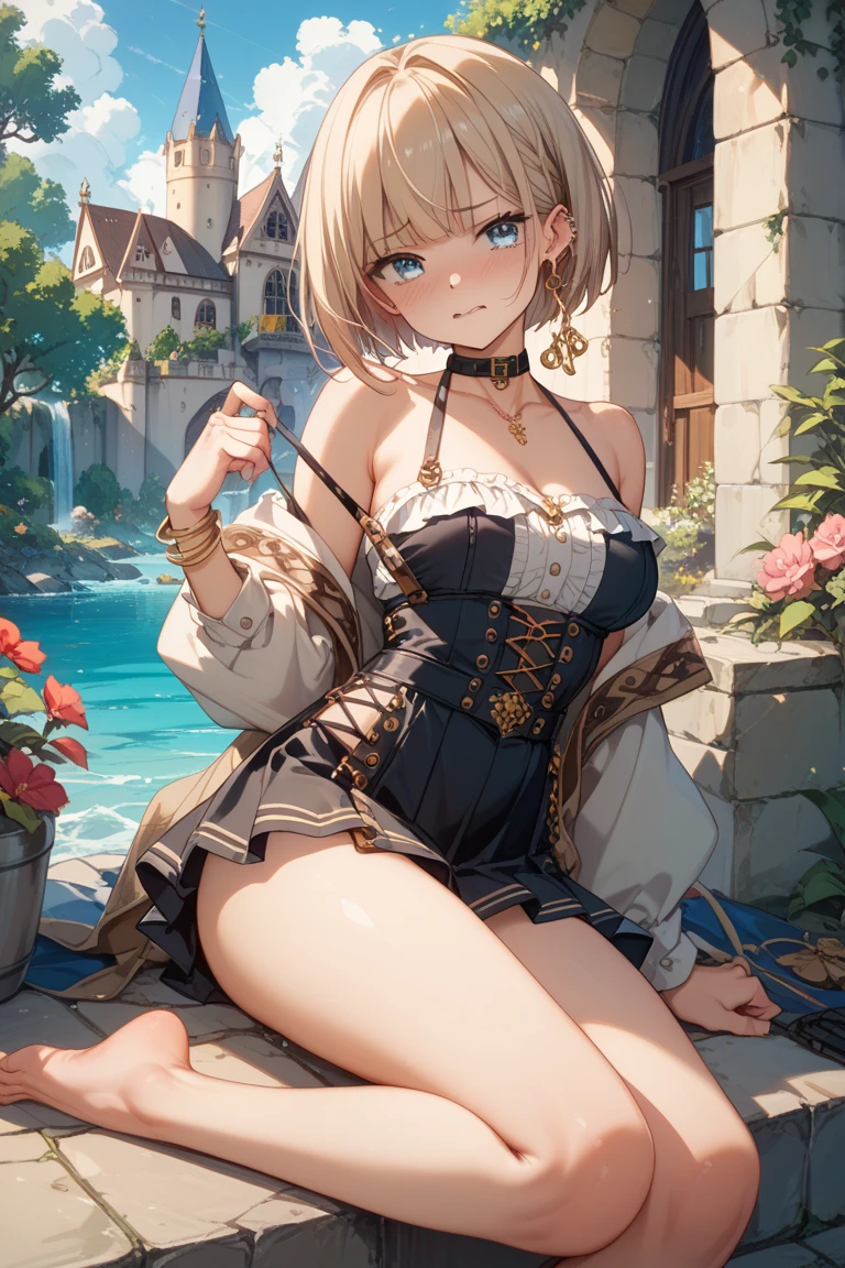 masterpiece, Highest quality, Perfect Face, Highest Resolution, Highest quality,Detailed depiction of the eyes, 1 girl, young, deep tan skin, slate gray hair, short hair, upturned eyes, Yellow Orange eyes, Perfect Anatomy, ribbon choker, large pool, Feet Focus