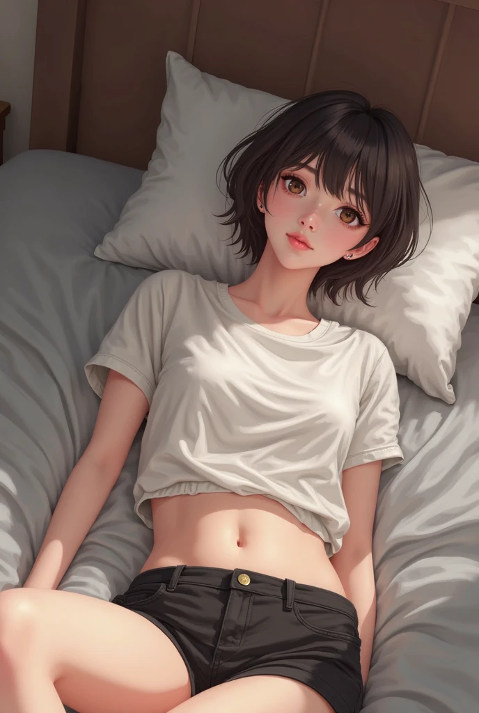 Amazing portrait of a sexy woman with short hair with a bob haircut and a beautiful face with half lidded eyes perfect eyebrows slightly slanted as she's flustered with a deep blush on her cheeks and her lips parted as she gasps and pants with a long neck and medium chest that is emphasized by a tight pink crop top with white edges that showcases her amazing body and midriff with abs and a short denim shorts emphasizing her thick thighs and voluptuous body as she lays on the bed intimately spreading her legs in anticipation