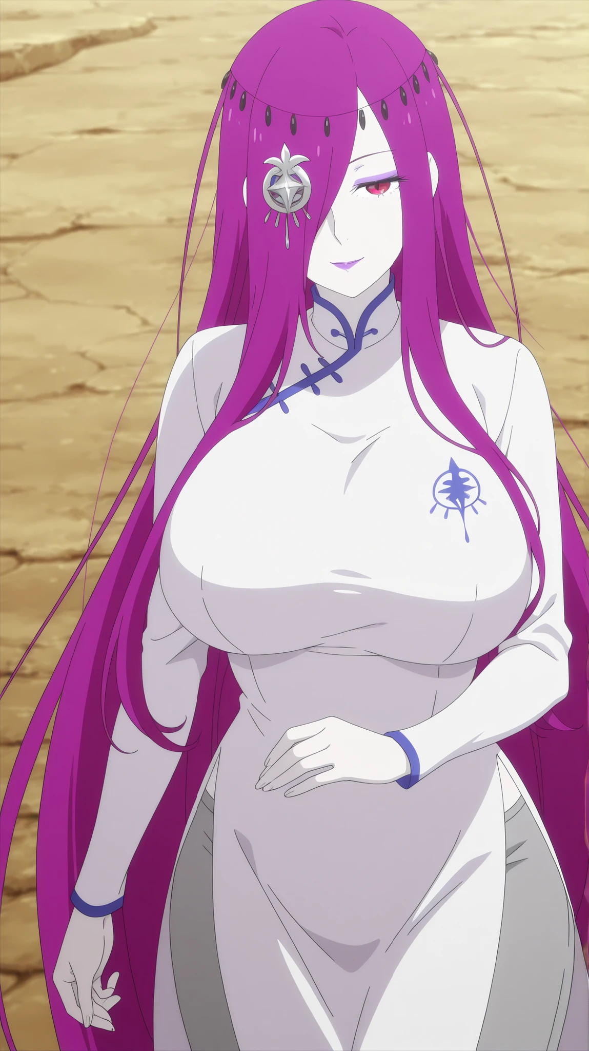 anime screencap , anime colouring, sekhmet, 1girl , adult female, pale skin , long hair , purple hair , hair over one eye , red eyes , makeup, hair ornament, (vietnamese dress, pants, long sleeves, solo, cowboy shot, Boutdoors, smile, huge breasts,