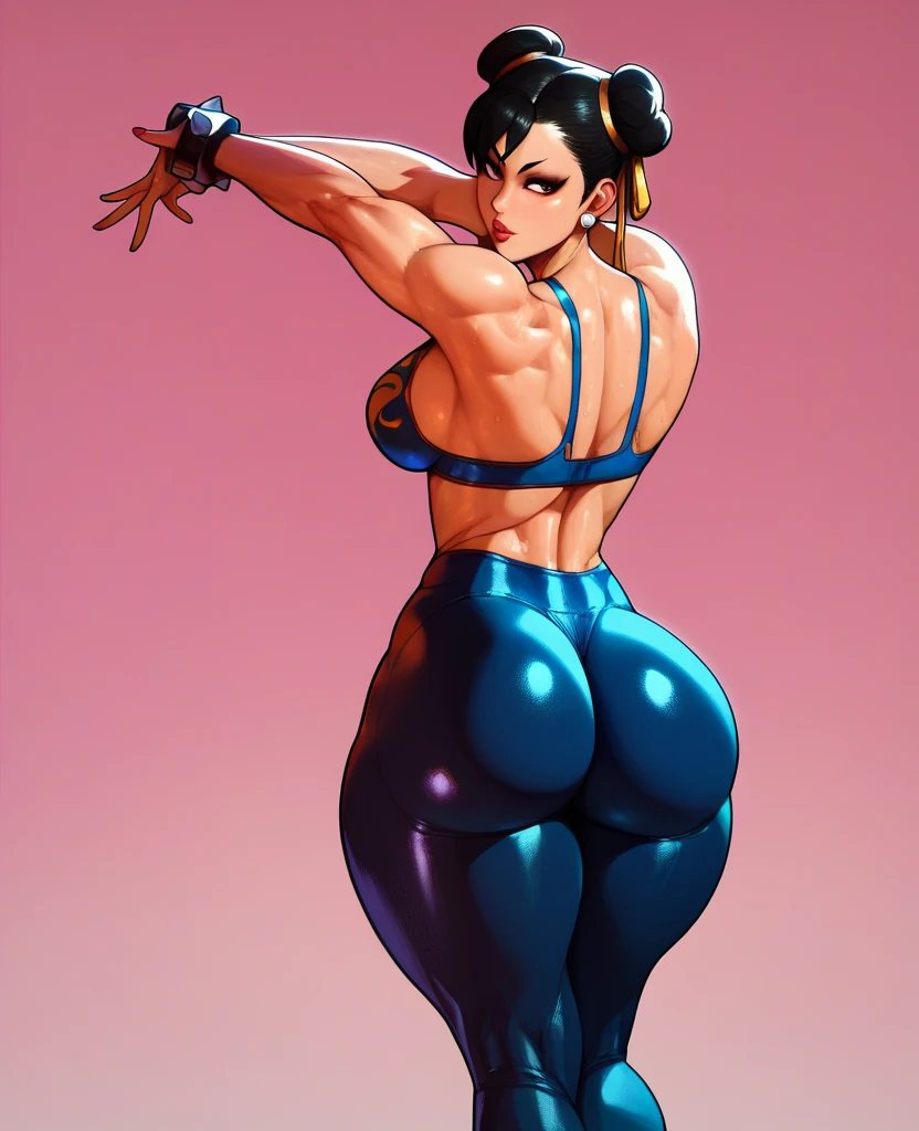 Voluptuous, Thick thighs, squatting, chubby Chun li wearing a pink leotard, high heels and a choker, hands behind head