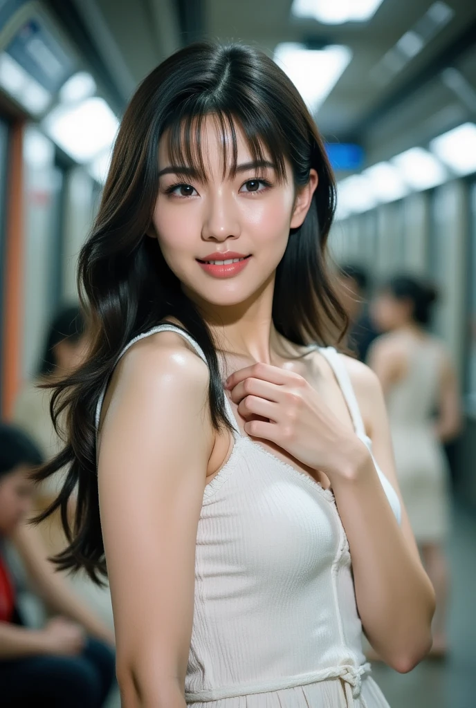 (RAW Photos), (Realistic), (masterpiece), (Highest quality), High resolution, 8k, (Intricate details), (Volumetric Light), Portraiture, woman, Age 25, Short Ponytail, Straight hair, Center of chest, Layered Hair, Brown Hair, Very beautiful eyes, Source order, Very thin eyebrows, Very fine skin, Very beautiful mouth, Very nice nose, Cute like an idol,A smile showing white teeth, (Thick lips), (Looking at the audience), (Red and white dress),( Sitting on a chair in an outdoor cafe drinking juice),From the whole body to the toes,(Side Shot),Side Shot,(Natural pose),(Bold Pose),Right hand on knee,