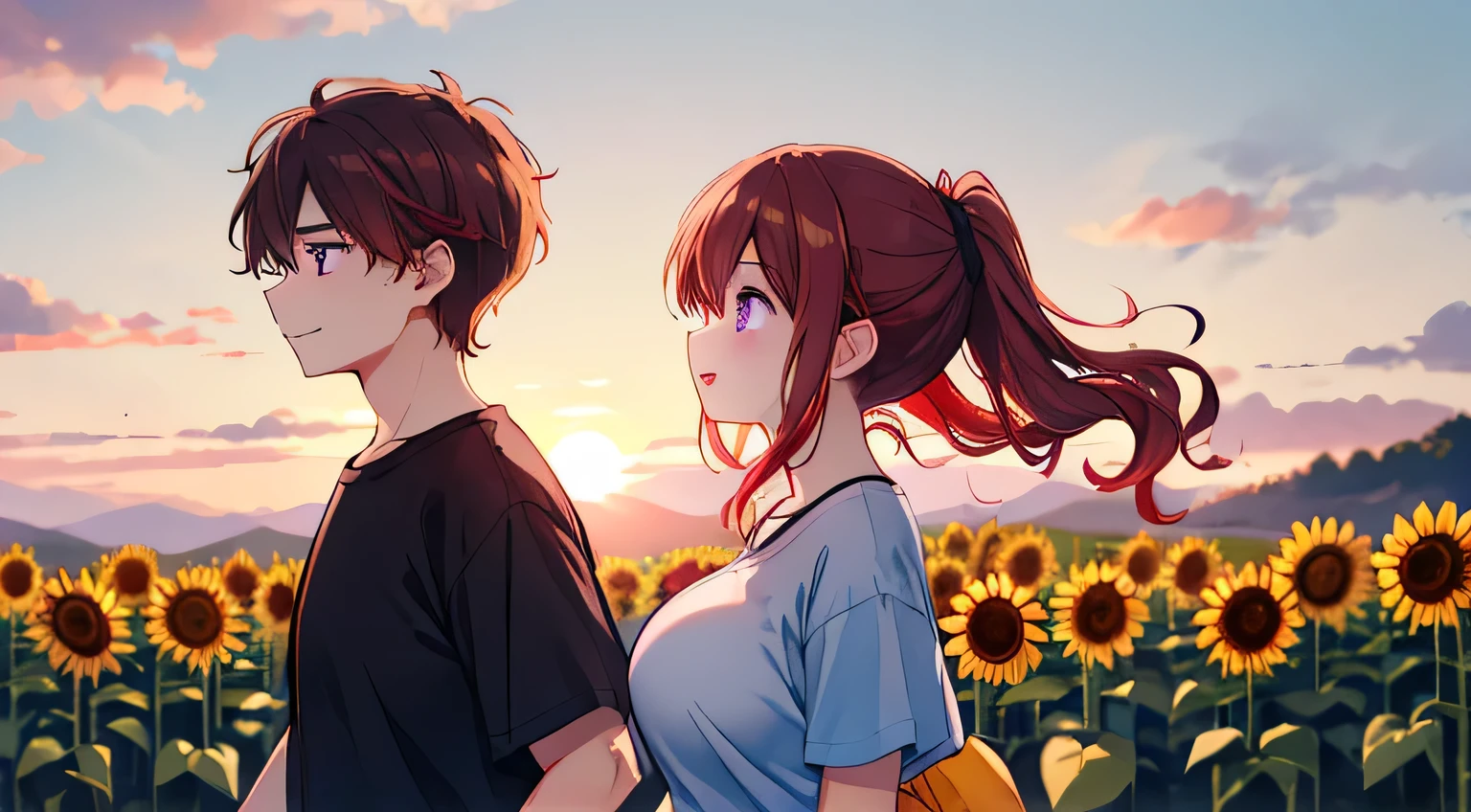 Sunset slope、man and woman walking side by side。girl has red hair、ponytail、Purple eyes、big breasts、beautiful、 lori。 The man has brown hair 、Curly hair( t-shirts)。 composition from back、two shadows stretch for a long time。with sunflowers around、Gentle Breeze、late summer air。scene wrapped in a quiet afterglow and sense of happiness。