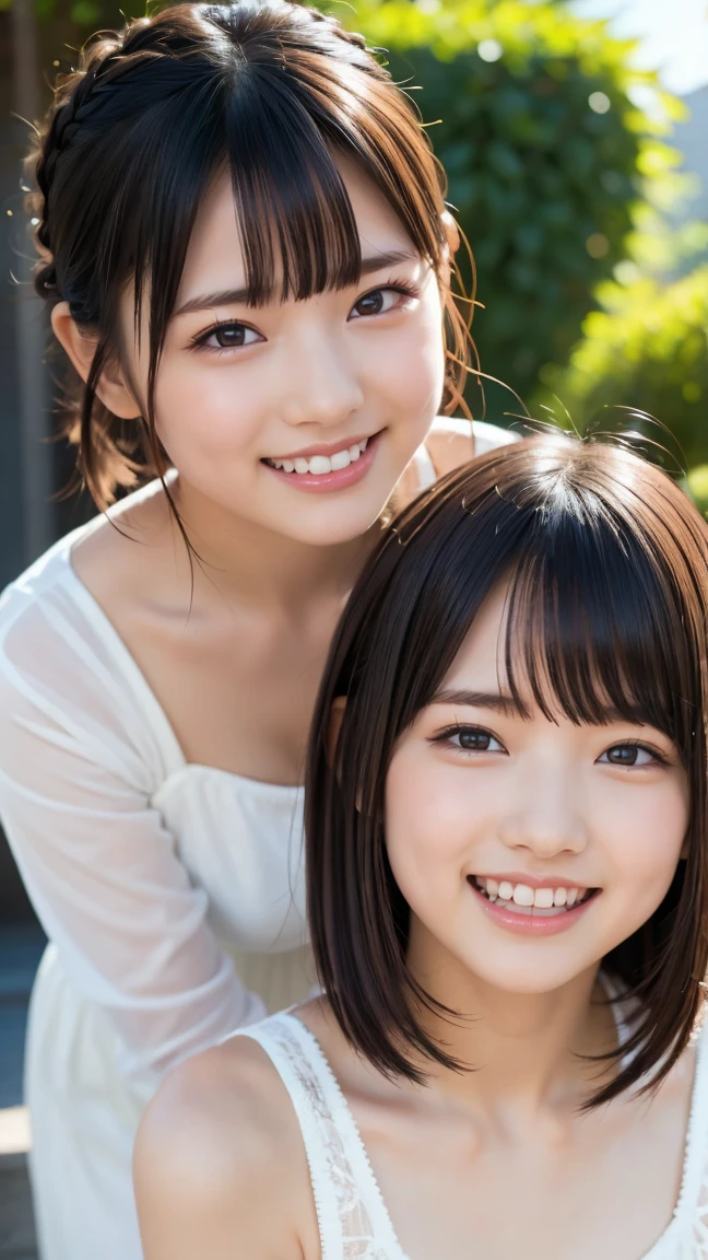 absurdres, (masterpiece, best quality), (ultra-detailed), extremely detailed,super high resolution, (Top Quality photorealistic Illustration), (Super Definition), (best quality,masterpiece:1.0),(cute illustration:1.3), (high Saturation:1.2), highres, ultra-detailed, 32k,8k resolution, intricate details, cinematic scene, detailed background, Soar (High chroma),(Sparkling),bathroom, depth background, in the beautiful campus, infront of school, garden, blue sky, windy, rim light, sunlight, beautiful lighting, strong light,BREAK (1 girl) (kawaii:1.6), (cute:1.6), Beautiful and delicate eyes, Delicate and beautiful face, Facial accents, Perfect figure,(open shirt:1.6), (show off nipples:1.6), (exposing bare breasts:1.3), (exposed chest:1.3), (small breasts:1.3), (small areolas:1.4), Uniforms、bright expression、short bowl cut、Young shiny shiny white shiny skin、Best Looks、Natural black hair with dazzling highlights、shiny light hair,、short hair, silky straight hair、Beautiful bangs that shine、Double eyelids、eye liner、Glowing crystal clear attractive big brown eyes、Very beautiful nice cute 14 year old Nordic girl、